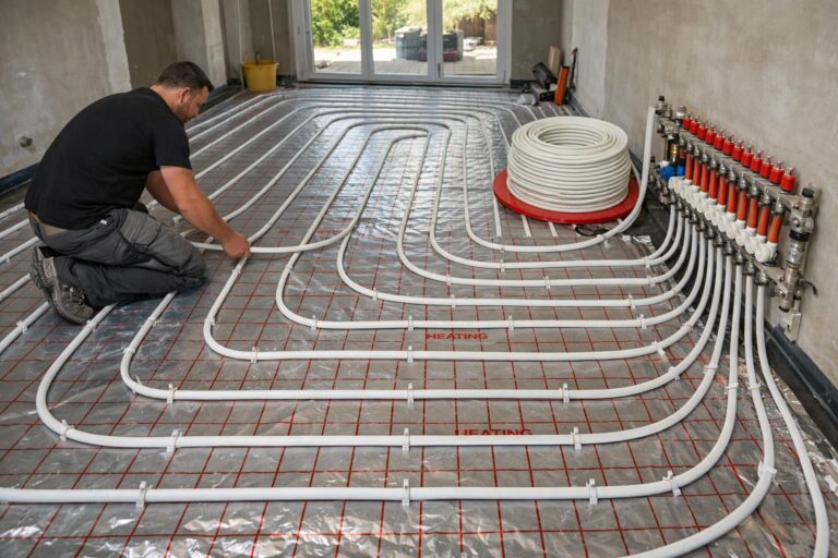 Home Installatie van een vloerverwarming droog systeem met speciale platen en verwarmingsbuizen voor efficiënte huisverwarming